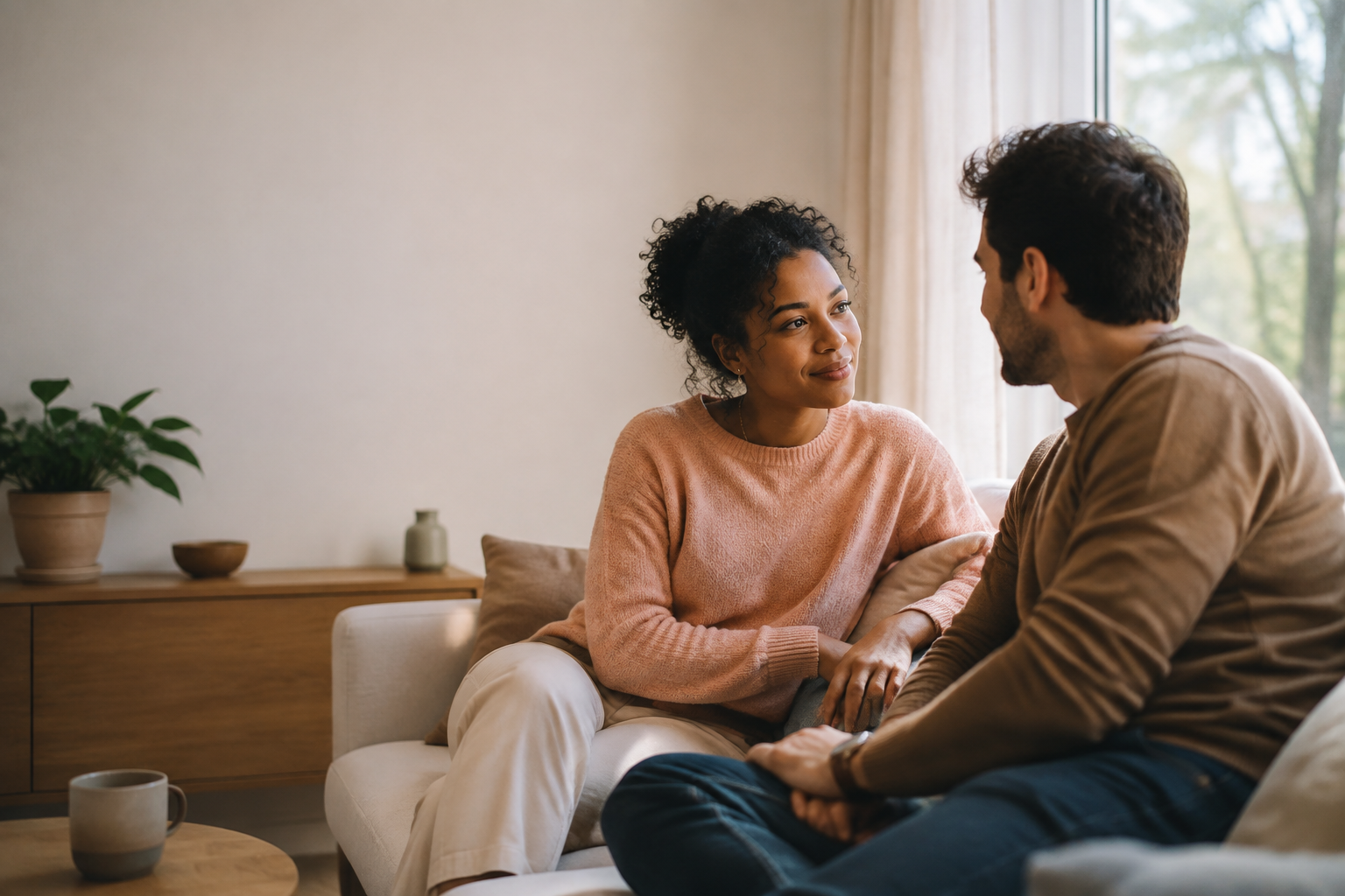 Two adults having a calm and supportive conversation at home